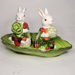 Ceramic Easter Bunny Salt Pepper Shakers Butter Tray Set Rabbit Spring Garden
